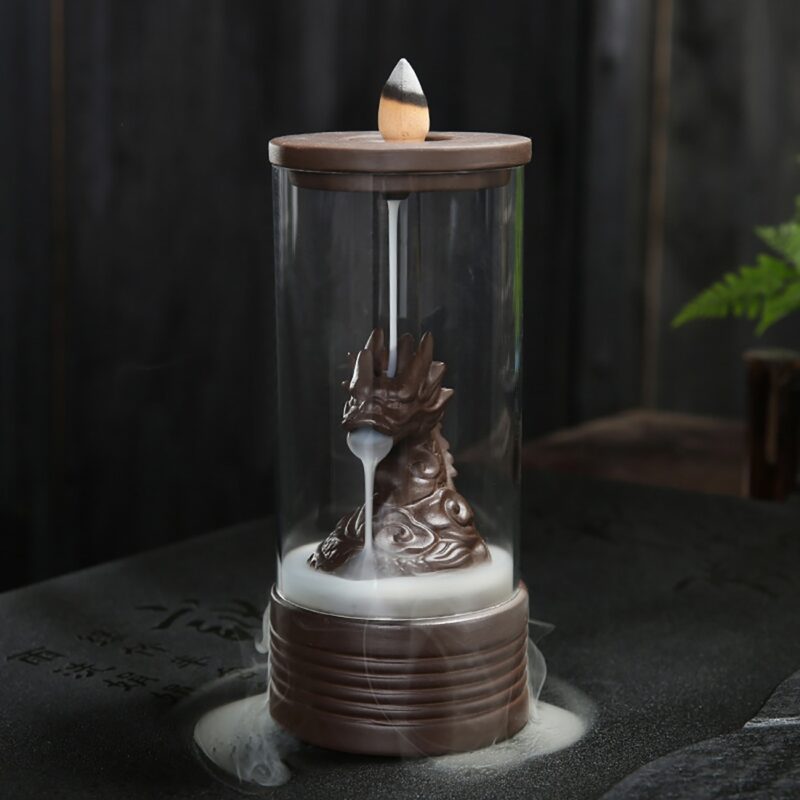 20 Cones Chinese Dragon Incense Burner Ceramic Waterfall LED Light Incense Cone Holder Aroma Censer With Acrylic Windproof Cover 8