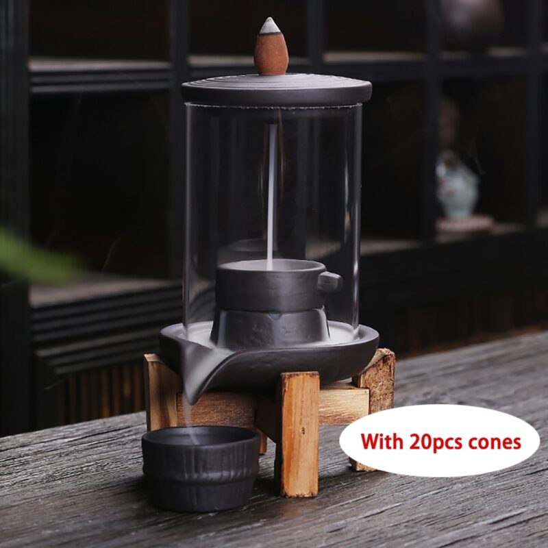 20 Cones Chinese Dragon Incense Burner Ceramic Waterfall LED Light Incense Cone Holder Aroma Censer With Acrylic Windproof Cover – Type A 5